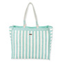 Front view of Sun N Sand Creek Willow tote featuring mint and white vertical stripes, woven straw texture, rope handles.