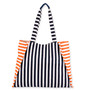 Rear view  of Sun N Sand shoulder tote featuring navy and orange striped canvas, a blue suede pocket, and striped straps.