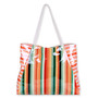 Front view of Sun N Sand shoulder tote featuring a glossy multi-color vertical stripe pattern and braided white rope handles.