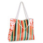 Three Quarters view of Sun N Sand shoulder tote featuring a glossy multi-color vertical stripe pattern and braided white rope handles.