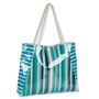 Front view of Sun N Sand shoulder tote featuring a glossy teal and white vertical stripe pattern and braided rope handles.