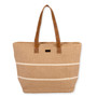 Front view of Sun 'N' Sand tan burlap tote, white horizontal stripes, brown faux leather shoulder straps, and logo plate.
