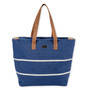 Front view of Sun 'N' Sand navy burlap tote, white horizontal stripes, brown faux leather shoulder straps, and metal logo plate.