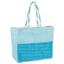 Three quarters  view of Sun 'N' Sand teal striped tote, featuring a thick woven base, braided cord handles, and silver rings.