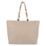 Rear view of Sun 'N' Sand tan striped tote, featuring a thick woven base, braided cord handles, and brass rings.