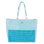 Front view of Sun 'N' Sand teal striped tote, featuring a thick woven base, braided cord handles, and silver rings.