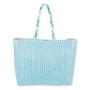 Rear view of Sun 'N' Sand teal striped tote, featuring a thick woven base, braided cord handles, and silver rings.