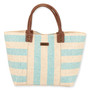 Front view of Sun 'N' Sand teal horizontal and vertical striped straw tote, brown faux leather handles, and brass rivets.