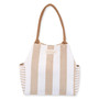 Front view of tan striped canvas tote, brown woven straps, side slip pockets.