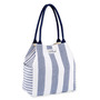 Side view of Navy striped canvas tote, brown woven straps, side slip pockets.