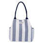 Front view of Navy striped canvas tote, brown woven straps, side slip pockets.