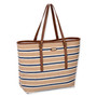 Three-quarter front view of Sun 'N' Sand tan and blue horizontal striped straw tote, brown faux leather straps, and brass rivets.
