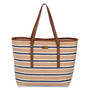 Rear view of Sun 'N' Sand tan and blue horizontal striped straw tote featuring brown faux leather straps and brass rivets.