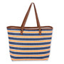 Rear view of Sun 'N' Sand blue and orange horizontal striped straw tote featuring brown faux leather straps and brass rivets