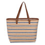 Front view of Sun 'N' Sand tan and blue horizontal striped straw tote, brown faux leather straps, and brass rivets.