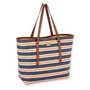 Three-quarter front view of Sun 'N' Sand blue and orange horizontal striped straw tote, brown faux leather straps, and brass rivets.