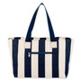 Rear view of Sun 'N' Sand black striped canvas tote featuring a horizontal zippered security pocket and black woven handles.