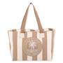 Front view of Sun 'N' Sand tan striped canvas tote, embroidered palm tree logo, and brown woven top handles.