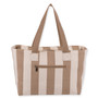 Rear view of Sun 'N' Sand tan striped canvas tote featuring a horizontal zippered security pocket and brown woven handles.
