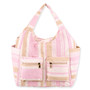 Front view of pink and tan striped canvas hobo tote, two zippered front pockets, side slip pockets, and integrated handles.