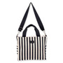 Front view of Caribbean Joe black striped canvas tote, black woven straps, silver lobster clasps, and zippered side pockets.