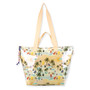 Front view of Sun 'N' Sand tropical beach print tote, glossy coated finish, tan woven handles, and knotted rope toggle.