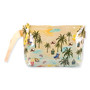 Front view of Sun 'N' Sand tropical beach print pouch, glossy coated finish, tan woven wristlet strap, and zippered top.