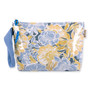Front view of Sun 'N' Sand blue and yellow floral pouch, glossy coated finish, blue woven wristlet strap, and zippered top.
