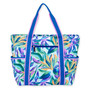 Three-quarter front view of Caribbean Joe Cool Bahama shoulder tote, teal tropical palm print, pink-edged blue straps, and side pockets.