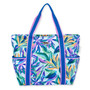 Front view of Caribbean Joe Cool Bahama shoulder tote, teal tropical palm print, pink-edged blue webbing straps, and silver D-ring.