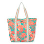 Front view of Caribbean Joe CJ8927 teal shoulder tote, orange tropical fish print, striped webbing straps, and silver D-ring hardware.