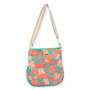 Three-quarter front view of Caribbean Joe CJ8928 teal crossbody bag, orange tropical print, striped webbing strap, and silver metal hardware.