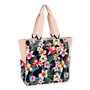 Three-quarter front view of Caribbean Joe CJ8930 shoulder tote, dark tropics floral print, burlap texture, woven straps, and silver D-ring.