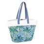 Front view of blue Sun 'N' Sand Palm Tropics shoulder tote featuring woven straw texture, embroidered palm trees, and blue straps.
