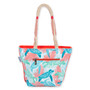 Back view of light blue Guy Harvey Stipple Turtle shoulder tote featuring teal turtle print, orange zippered pocket, and braided rope handles.