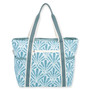 Back view of cream Sun 'N' Sand Pam Vale shoulder tote featuring teal seashell pattern, zippered pocket, and flat straps.