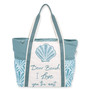 Front view of cream Sun 'N' Sand Pam Vale shoulder tote with teal seashell print, canvas texture, and "Dear Beach" script.