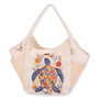 Front view of beige Sun 'N' Sand Turtle Mania scoop tote featuring canvas texture, colorful turtle print, and braided handles.