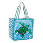 Three-quarter view of teal Sun 'N' Sand Paul Brent Sea Turtle shoulder tote featuring beaded applique, chevron-woven sides, and striped straps.