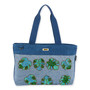 Front view of denim Sun 'N' Sand Beaded Monstera shoulder tote featuring blue canvas texture, green beaded leaf appliques, and blue straps