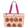 Front view of beige Sun 'N' Sand Beaded Monstera shoulder tote featuring woven canvas, pink beaded leaf appliques, and pink straps.