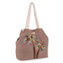 Three-quarter view of brown Sun 'N' Sand Fancy Palms gap tote featuring woven canvas, beaded palm tree appliques, and braided handles.