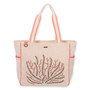 Front view of beige Sun 'N' Sand Beaded Coral shoulder tote featuring woven canvas texture, coral beaded applique, and orange-trimmed straps.