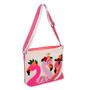 Three-quarter view of beige Sun 'N' Sand Floral Flamingos crossbody bag featuring canvas texture, embroidered flamingo appliques, and adjustable pink strap.