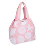 Three-quarter view of pink Sun 'N' Sand Mixed Shells gap tote featuring terry cloth texture, white seashell appliques, and flat straps.