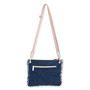 Back view of blue denim Guy Harvey floral flag crossbody bag featuring hibiscus patterned trim, zippered pocket, and adjustable strap.