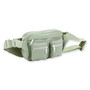 Front view of sage green Sun 'N' Sand Isla Voyager belt bag featuring matte nylon, triple zippered pockets, and adjustable strap.
