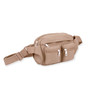 Front view of tan Sun 'N' Sand Isla Voyager belt bag featuring matte nylon, triple zippered pockets, and adjustable strap.