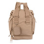 Front view of tan Sun 'N' Sand Isla Voyager roll-top backpack with matte nylon texture, dual plastic buckles, and zippered pocket.