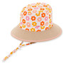 Natural bucket hat with a smiling flower print featuring UPF 50+, Adjustable.
